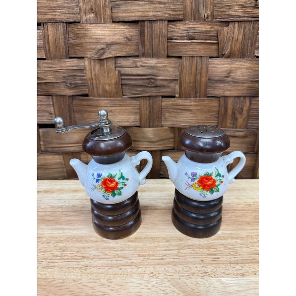 Vintage Porcelain Floral Teapot Salt and Pepper Shaker Set with Wood Accents